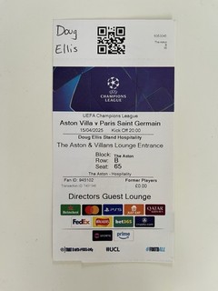 Aston Villa v Paris St Germain PSG Champions League Quarter Final Ticket 2025
