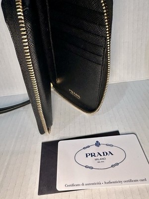New In Box Prada Women Nero Black Leather Gold Zip Around Wallet
