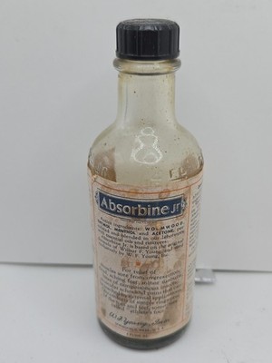 1957 Vintage ABSORBINE JR Bottle with Paper Label And Small Amount Inside w Cap