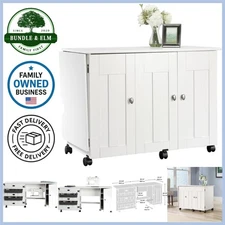 Folding Sewing Table Craft Cart Storage Cabinet Soft White Scratch Resistant