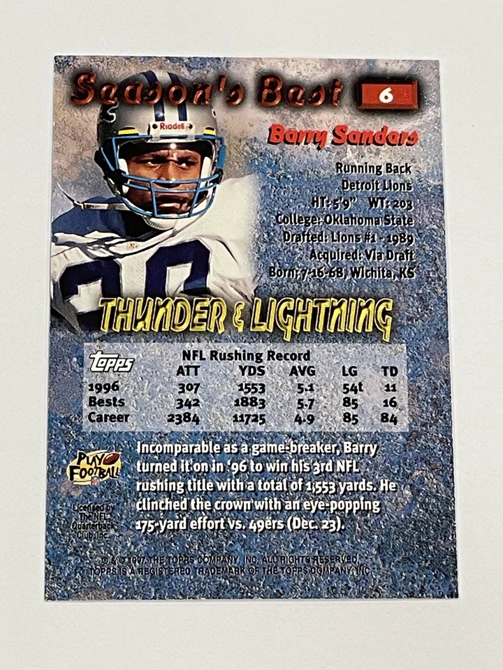 Topps Football Season's Best #6 1997 - Barry Sanders - Detroit Lions Foto 2 de 2