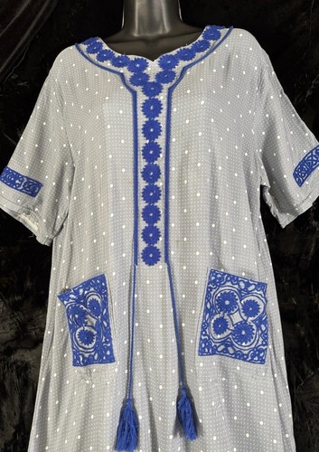 Vintage Kaftan Blue Embroidery Caftan Maxi Kinzi Hippie XL House Dress Mummy - Picture 4 of 11