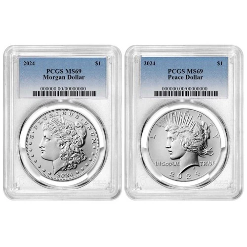 2pc Set - 2024 $1 Morgan and Peace Silver Dollar PCGS MS69 Blue Label
