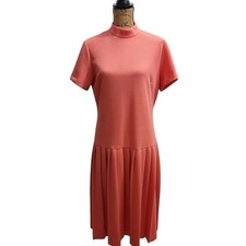 Bleecker Street Ribbed Knit Dress Mock Neck Pleated Coral Midi 13 Vintage