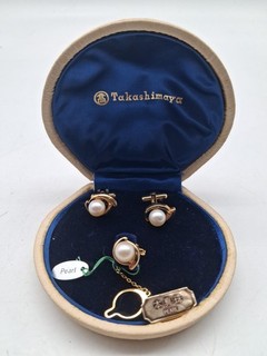 Vintage Takashimaya 3 Pc. Pearl Tie Tack Cuff Links In Orig Box 18k GF