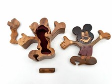 Hand Carved Wooden Mickey Mouse Puzzle Box Folk Art Hidden Compartment