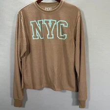Modern Lux Top Womens Small Tan Thermal Knit Tee NYC Graphic Long Sleeve Popover