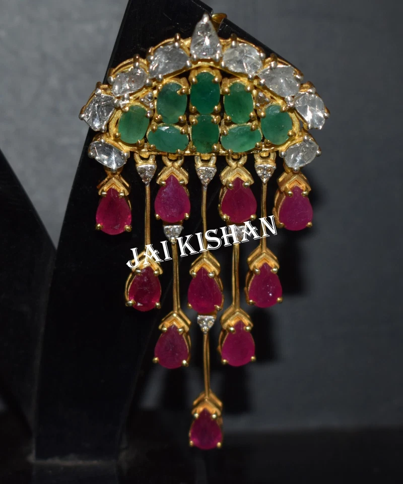 Smeraldo Rubino Gemma 925 Argento Sterling Polki Pavé di Diamanti Vintage Parure - Immagine 4 di 4