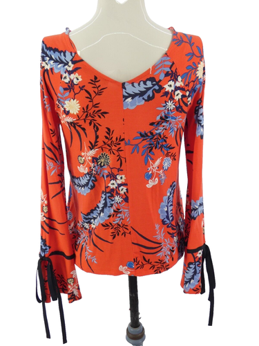 Marks Spencer Floral Blouse Orange Red Button Shoulder Bell Sleeve size UK 8 - Picture 4 of 19