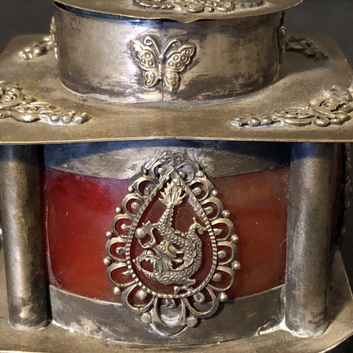 Vintage asiatischer tibetischer Weihrauchbrenner Silber Achat eingelegt Phoo Foo Hund Buddhismus - Bild 4 von 14