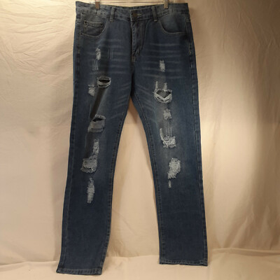 DANT BULUN Men's Ripped Distressed Destroyed Straight Leg Denim Jeans Size 36