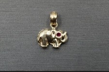 10K Solid Yellow Gold 0.55" Tiny Elephant Red Eyes Charm Pendant.