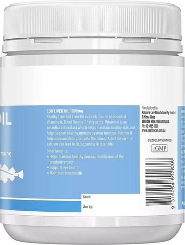 Healthy Care Cod Liver Oil 1000Mg - 200 Softgel Capsules, Blue, Maintains Immune - Picture 6 of 6