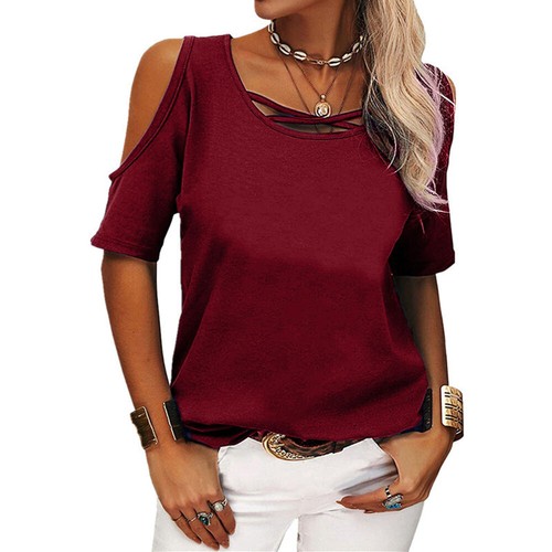 Mujer Camiseta Hombro Frío Verano Lisa Informal Suelta Prendas para el torso Blusa Manga Corta - Imagen 18 de 18