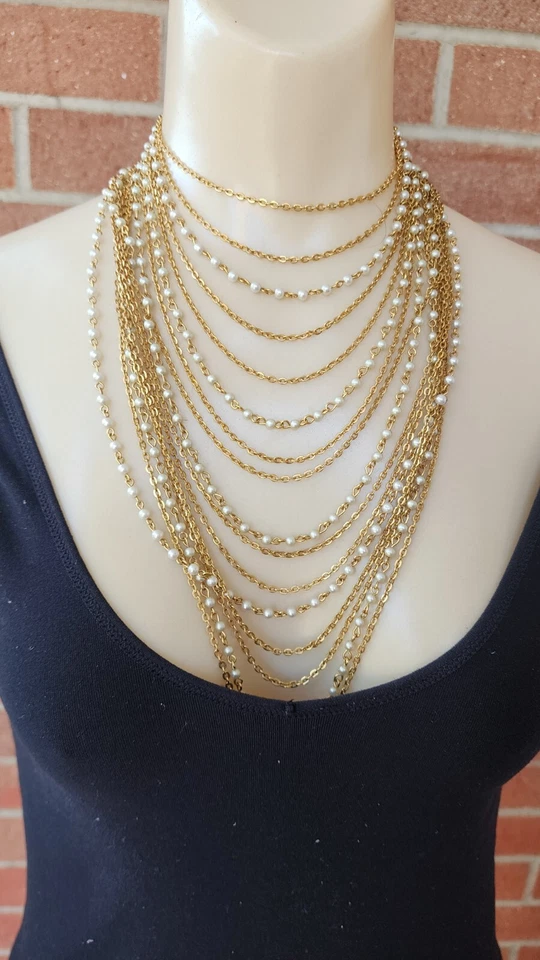 Colar de corrente de ouro com miçangas pérola falsa estrelada várias camadas declaração vintage delicado