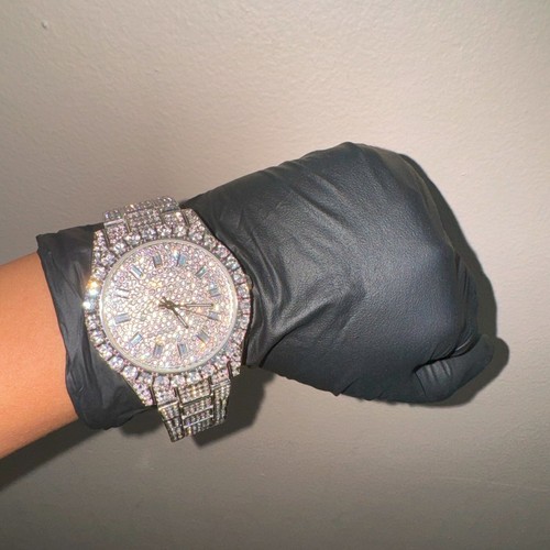 Men Full Iced Dial Luxury Bling Silver Finish Simulated Diamond Celebrity Watch - Picture 8 of 11