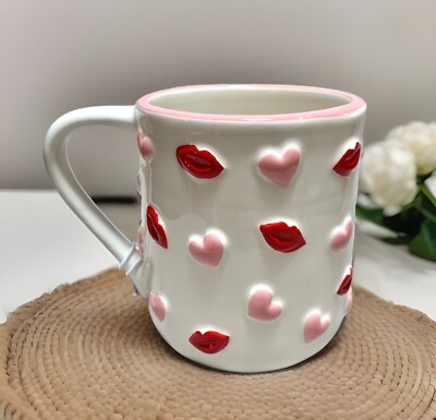 NEW Sheffield Home 3D Pink Hearts & Red Lips Large 20oz White Ceramic Mug