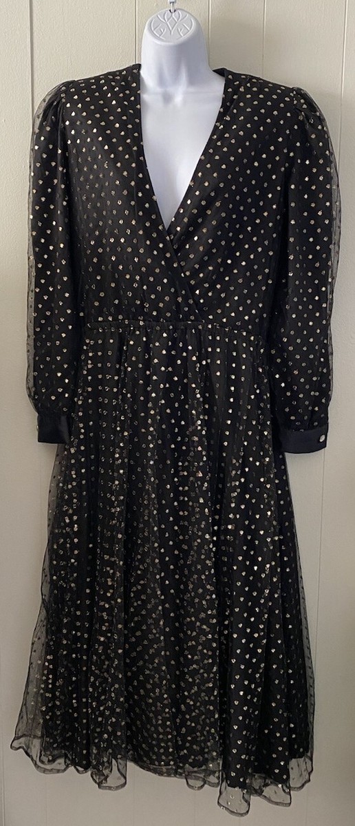 Vtg Halston III Black w/Gold Dot Tulle Midi Dress Party Glam Sz 14