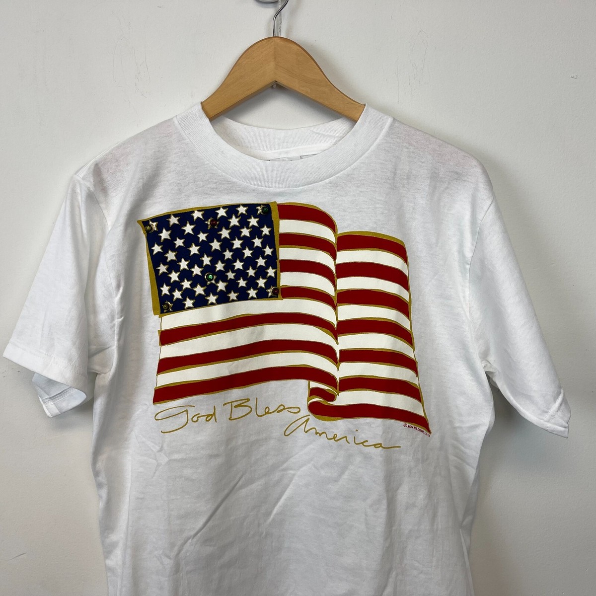 Ameri VINTAGE - ameri vintage BLOOM SHIRRING SHIRT ホワイト God Bless America Beaded USA Flag July 4th T Shirt Vtg 90s
