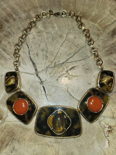 CHICO'S Runway Collar Necklace Gold Ornate Faux Red Jasper Tiger Eye 19" signed - Picture 17 of 21
