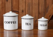 3 pc Primitive BLACK WHITE ENAMELWARE CANISTER Set Farmhouse Cottage Coffee Tea