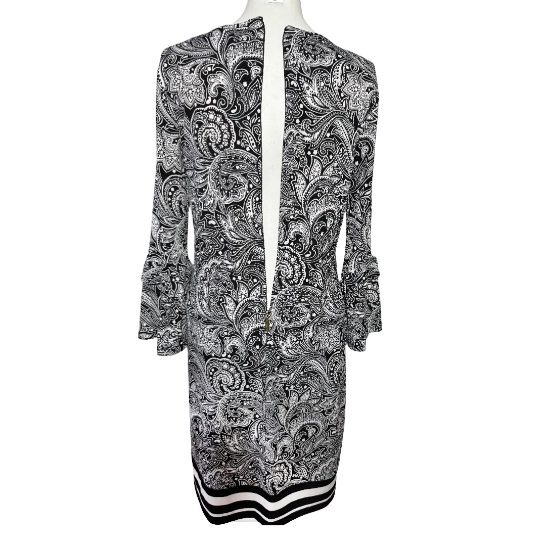 Abito Michael Kors Paisley Elasticizzato Bianco Nero Maniche 3 4 XS Extra Small