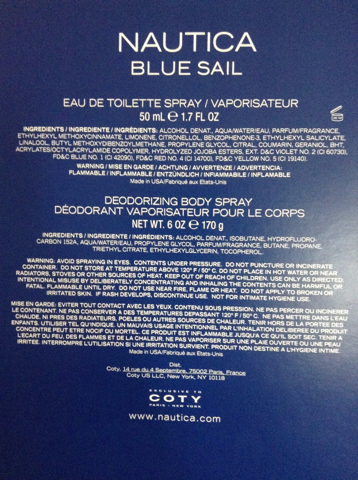 NAUTICA BLUE SAIL COTY MEN'S GIFT SET WITH EAU DE TOILETTE SPRAY AND BODY SPRAY