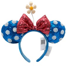 Disney- Parks Blue  White Polka Dot Sunflower Minnie Ears Bow Sequin Headband