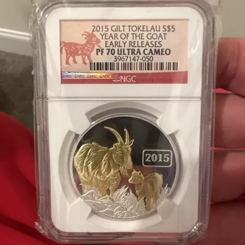 Tokelau 2015 $5 Gilt 1oz .999 Ag Proof Lunar Year Goat PF 70 ER NGC COA