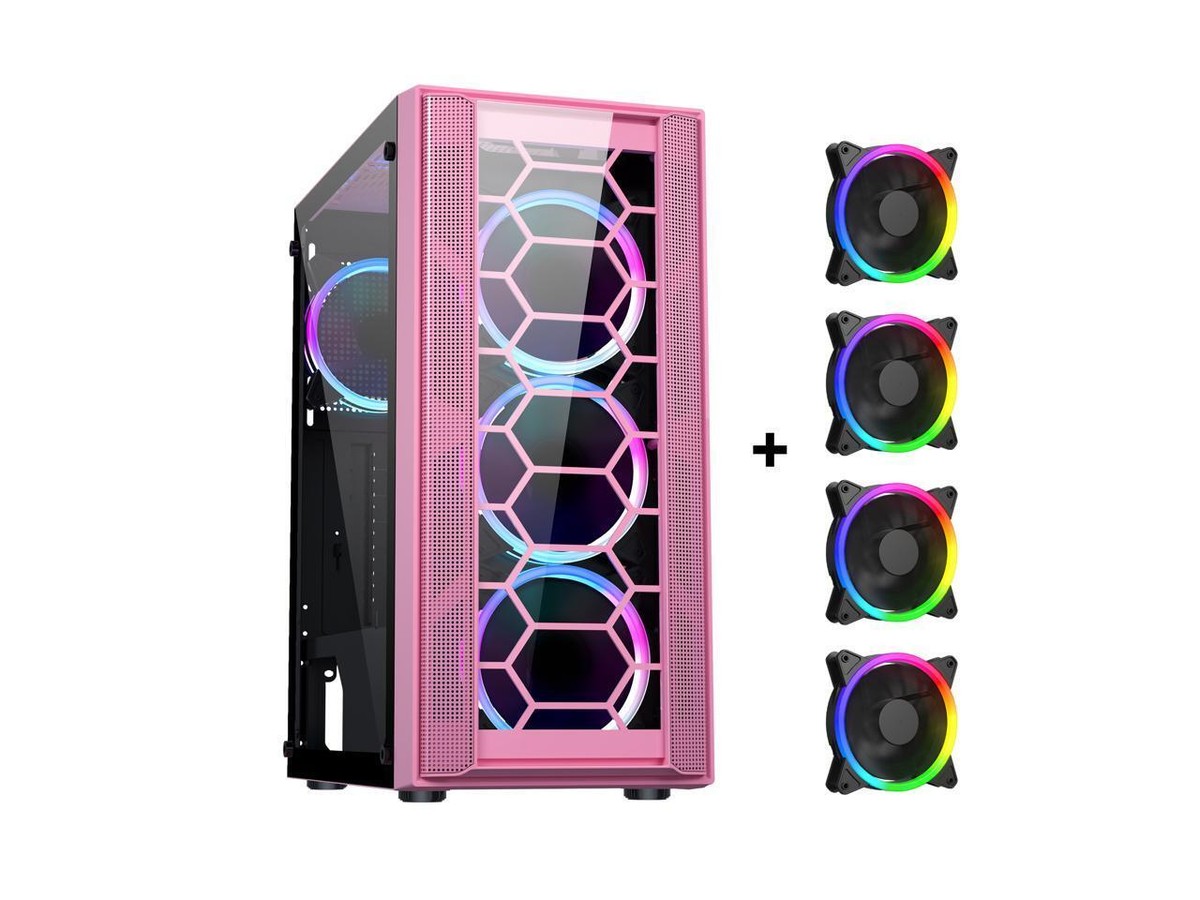 自作PC レインボーLED DIYPC Rainbow Flash F4 Pink ATX Mid Tower Computer PC Case w