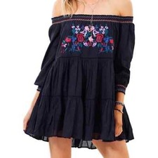 Free People black floral embroidered off the shoulder dress size medium sunbeam
