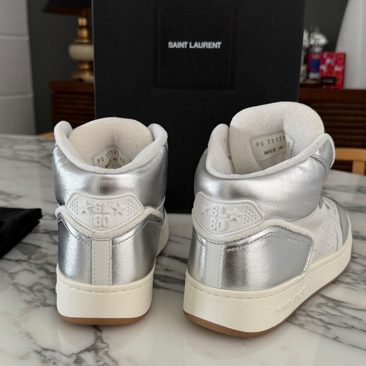 YSL Saint Laurent 711250 White & Metallic Silver Men's High YSL Saint Laurent 711250 White & Metallic Silver Men's High
