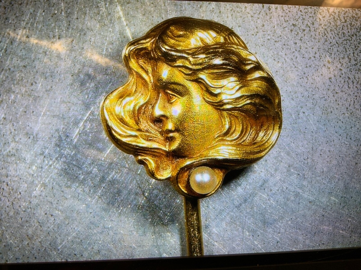 老後ワッペン Antique Victorian 14KT+Gold Art Nouveau Lady Stick Pin W/Seed