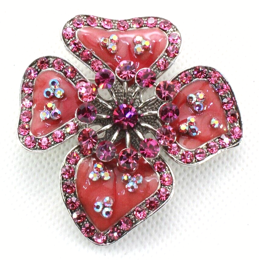 Brooch Pin Pendant - Flower - Pink & AB Rhinestones - Enamel - Silver Tone