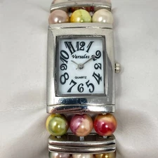 Varsales Watch Women Silver Tone MOP Pastel Faux Pearl Cuff New Battery 6.5"