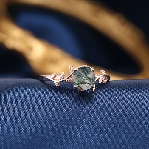 Anillo de ágata musgo, halo oculto compromiso corte redondo banda de plata de ley 925 - Imagen 4 de 6
