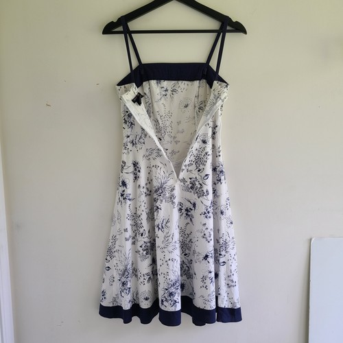 Floral Sundress Dress 3 Floral Navy Blue White Knee Cotton Milkmaid Juniors - Picture 4 of 12