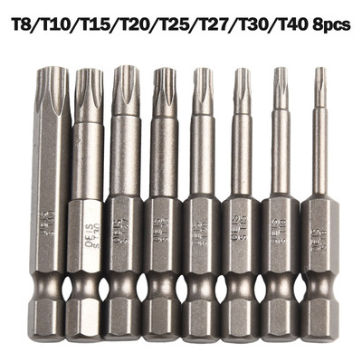 8Pcs 50mm /4 Hex Shank Magnetic Five-point For Torx Screwdriver Bits Set T8-T40