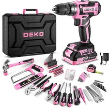 20V Cordless Power Drill Tool Box with Battery , Pink Drill Tool Kit Set