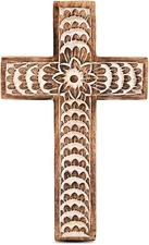 EDHAS Mango Wood White Cross Carved Floral-Design Family Decor,Home... 