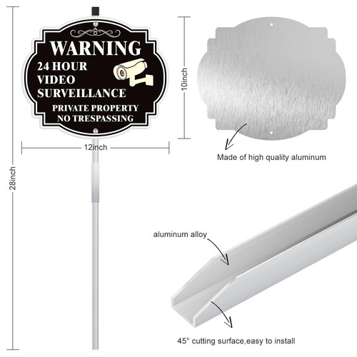 Video Surveillance Sign Outdoor with Stake-12" x 28" No Trespassing Private P... - Picture 3 of 8