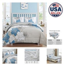 Blue Floral Comforter Set King Size 7 Piece Bed in a Bag Microfiber Bedding
