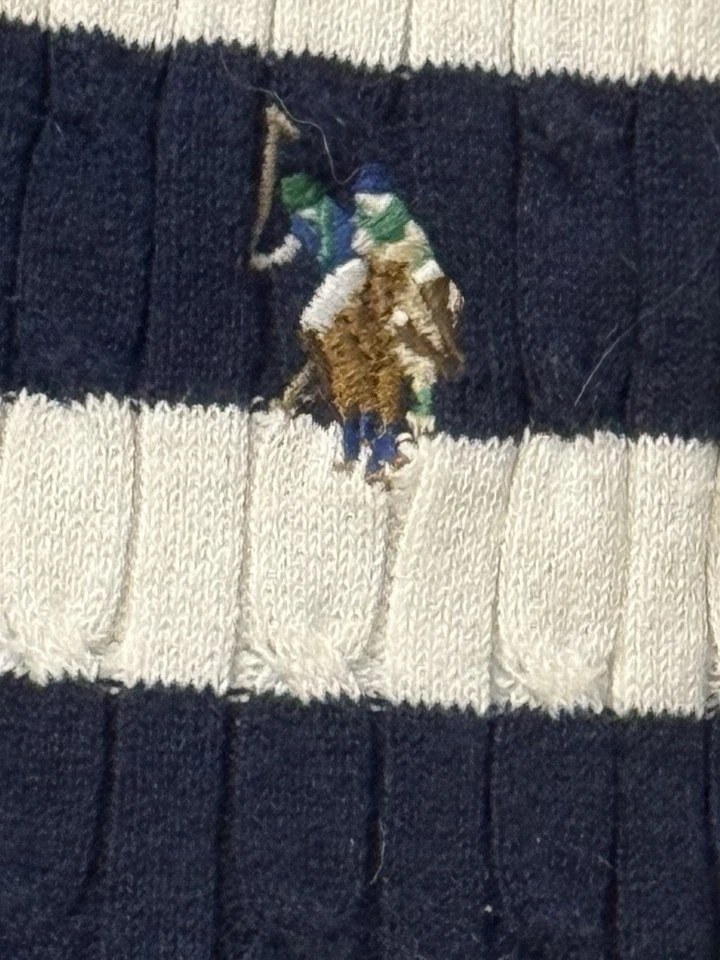 Suéter de algodón tejido con cable cuello polo de Estados Unidos talla S azul marino crema a rayas preppy Foto 3 de 4