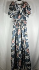 NWT Baltic Born Sicily Blue Satin Short Sleeve Maxi Dress Floral Womens Small