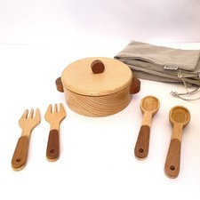 Whoholl Wooden Kitchen Play Dishes Montessori Pot Lid Fork Spoon Kids Wood Toys
