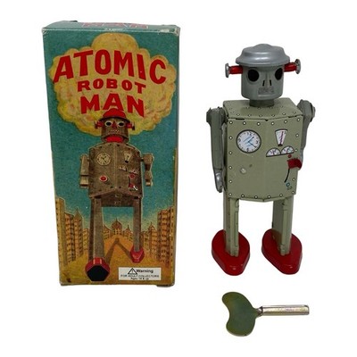 Atomic Robot Man Wind Up Tin Toy with Box and Key Grey Red Sci-Fi Collectible