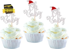 24 Pack Christmas Oh Baby Cupcake Toppers with Christmas Hat Glitter Baby Shower