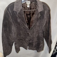 Chico's Blazer Jacket Women Size 2 (L) Brown Suede Leather Three Button