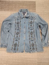 Camisa Susan Graver Azul Denim Bordada Cuentas de Piedra Western Boho Chamarra Talla M.