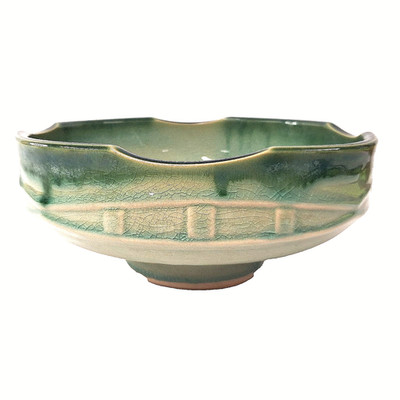 Vintage Japanese Studio Pottery Bowl Green Drip Glaze Pedestal Stoneware MCM Art